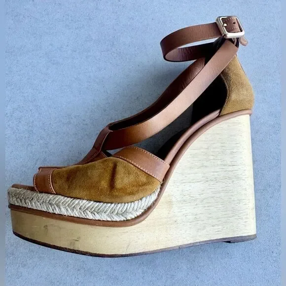 Hermes Tan Suede and Leather Wooden Wedge Ibiza Sandals size 38 - Picture 12 of 15